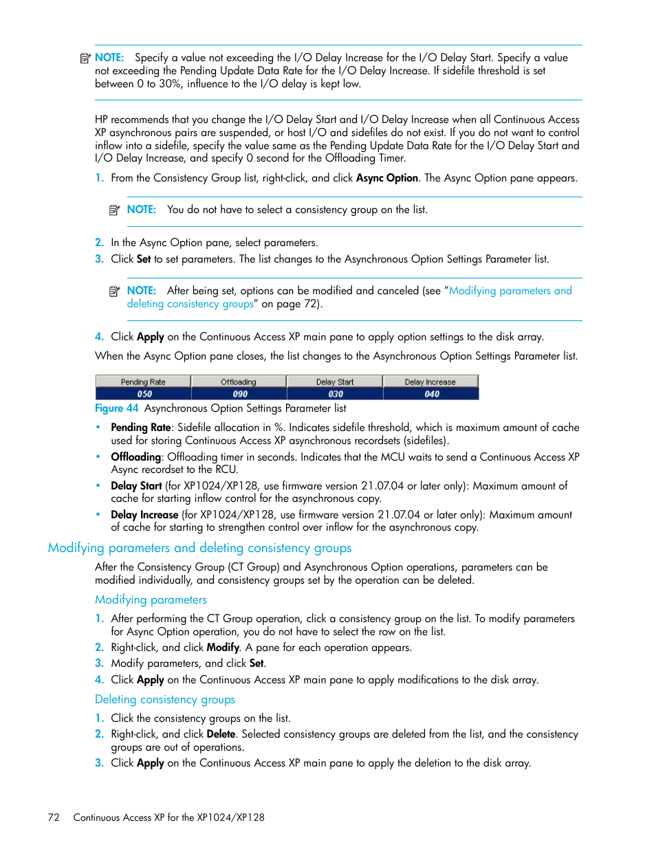 Modifying parameters, Deleting consistency groups, 44 asynchronous option settings parameter list | Modifying parameters and | HP XP Continuous Access Software User Manual | Page 72 / 108