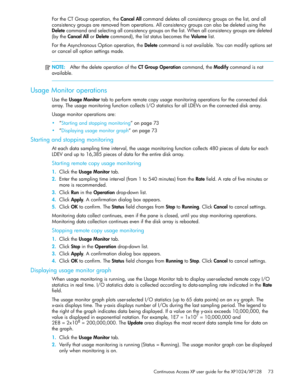 Usage monitor operations, Starting and stopping monitoring, Starting remote copy usage monitoring | Stopping remote copy usage monitoring, Displaying usage monitor graph | HP XP Continuous Access Software User Manual | Page 73 / 108