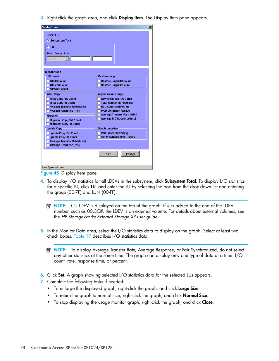 Figure 45 display item pane, 45 display item pane | HP XP Continuous Access Software User Manual | Page 74 / 108