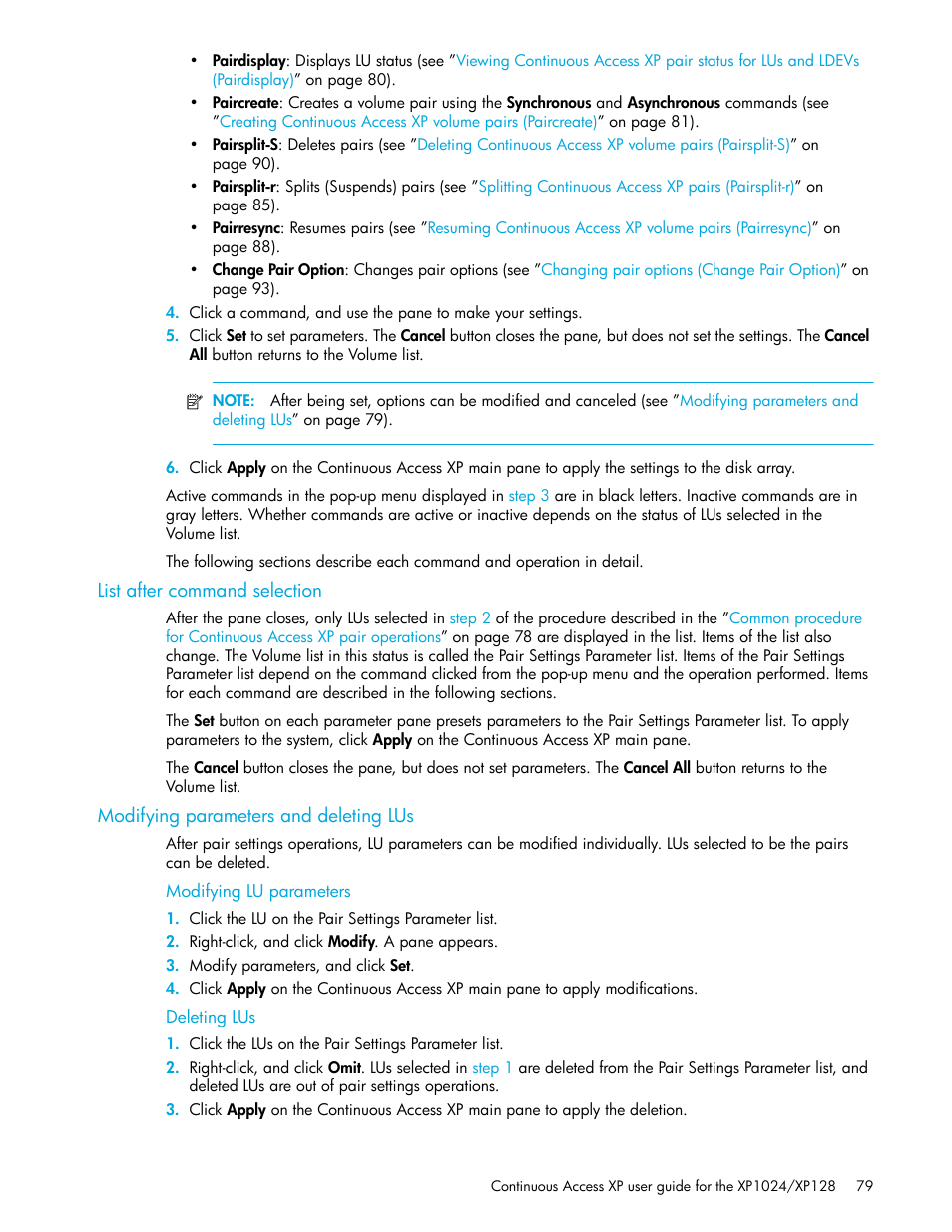 List after command selection, Modifying parameters and deleting lus, Modifying lu parameters | Deleting lus | HP XP Continuous Access Software User Manual | Page 79 / 108