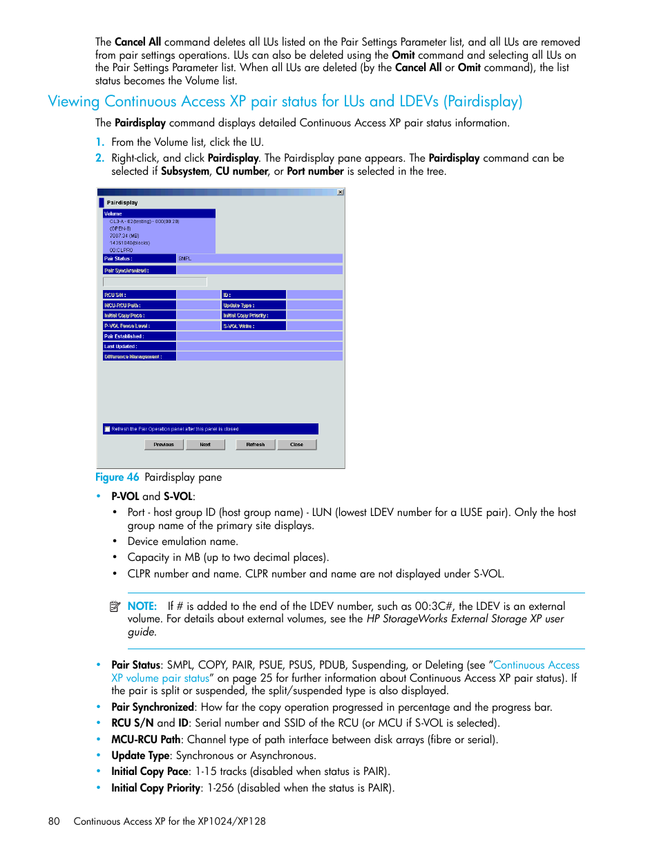 Figure 46 pairdisplay pane, 46 pairdisplay pane, Pairdisplay) | HP XP Continuous Access Software User Manual | Page 80 / 108