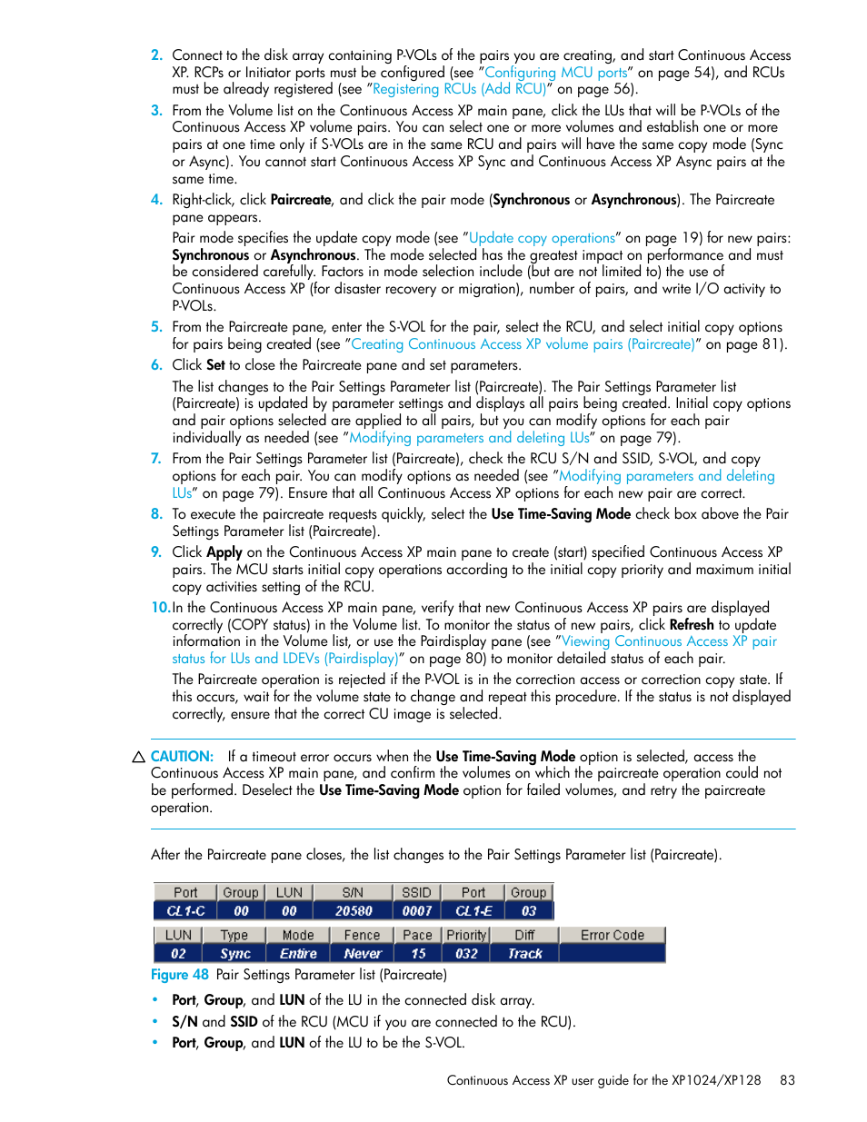 48 pair settings parameter list (paircreate) | HP XP Continuous Access Software User Manual | Page 83 / 108