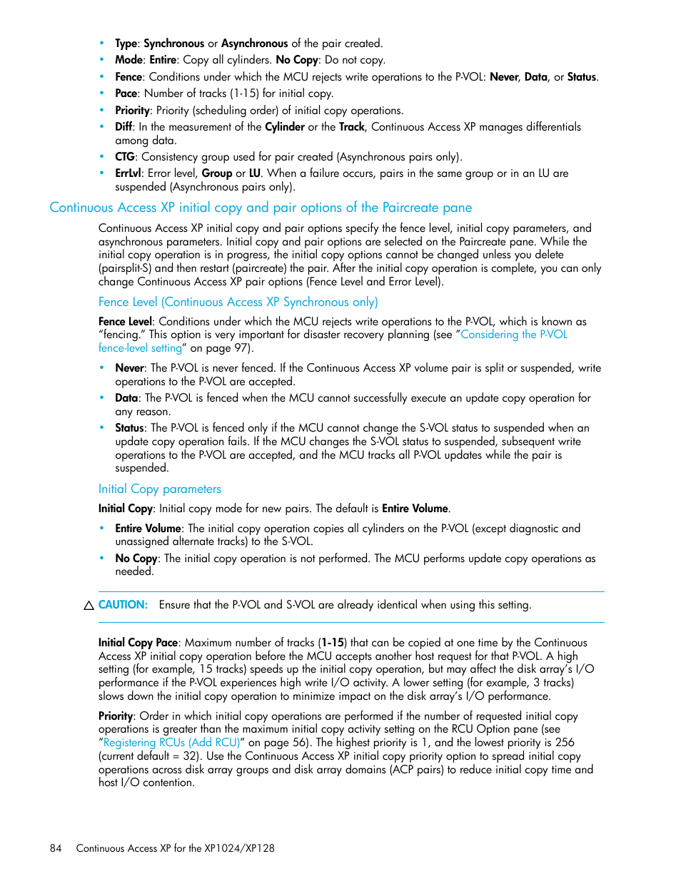 Initial copy parameters, Continuous access xp initial copy, And pair options of the paircreate pane | HP XP Continuous Access Software User Manual | Page 84 / 108
