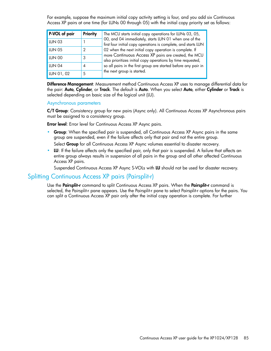 Asynchronous parameters, Splitting continuous access xp pairs (pairsplit-r), Splitting continuous access xp pairs | Pairsplit-r) | HP XP Continuous Access Software User Manual | Page 85 / 108