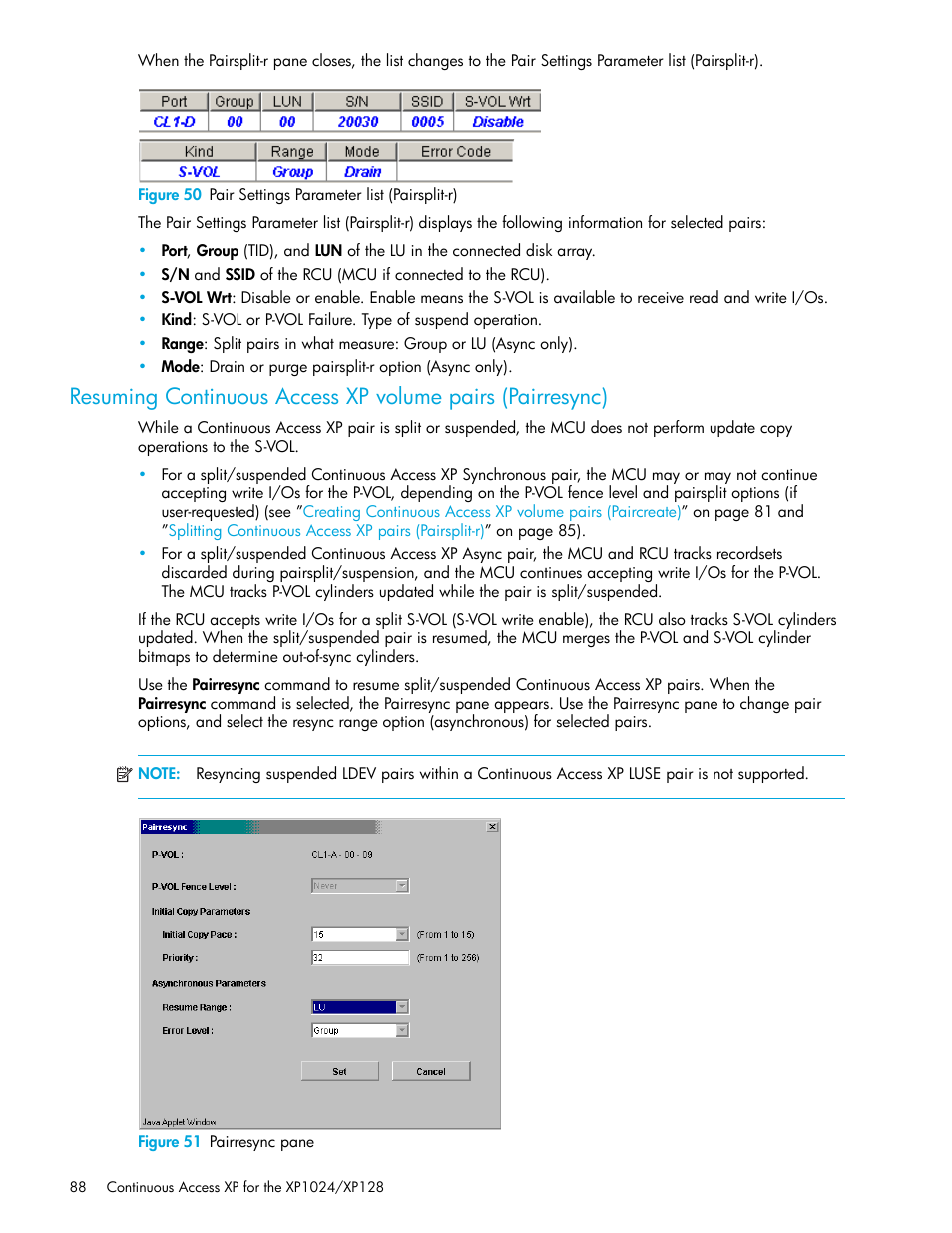 Figure 51 pairresync pane, 50 pair settings parameter list (pairsplit-r), 51 pairresync pane | Resuming continuous access xp, Volume pairs (pairresync), Resuming continuous, Access xp volume pairs (pairresync) | HP XP Continuous Access Software User Manual | Page 88 / 108