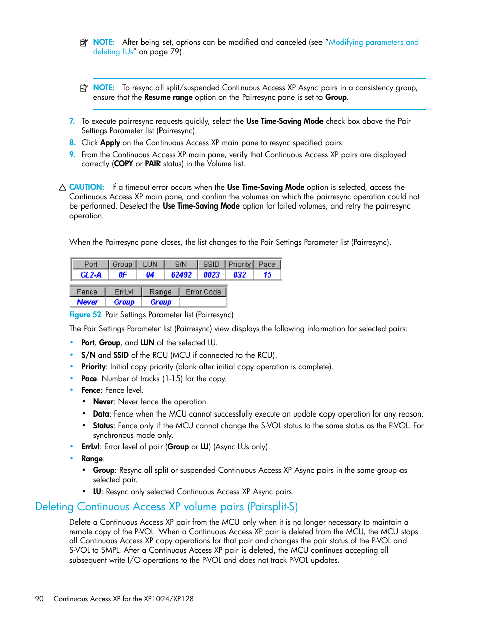 52 pair settings parameter list (pairresync), Deleting continuous access xp volume pairs, Pairsplit-s) | Deleting, Continuous access xp volume pairs (pairsplit-s), Deleting continuous access xp, Volume pairs (pairsplit-s) | HP XP Continuous Access Software User Manual | Page 90 / 108