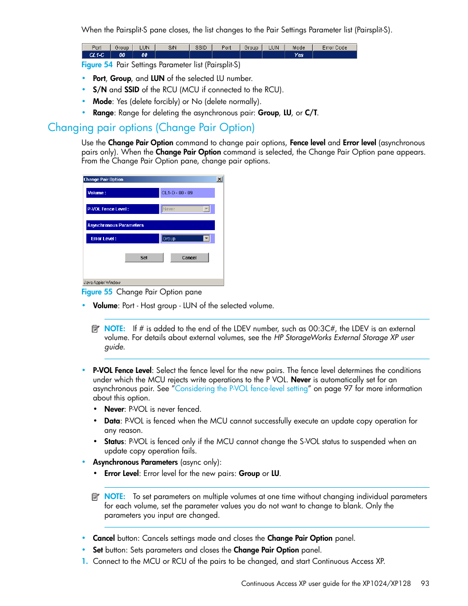 Changing pair options (change pair option), Figure 55 change pair option pane, 54 pair settings parameter list (pairsplit-s) | 55 change pair option pane | HP XP Continuous Access Software User Manual | Page 93 / 108