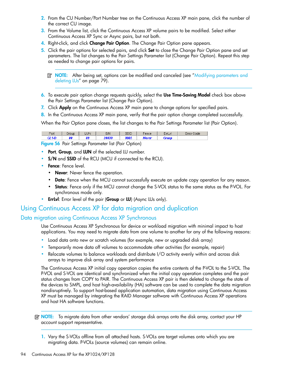 56 pair settings parameter list (pair option), Using | HP XP Continuous Access Software User Manual | Page 94 / 108