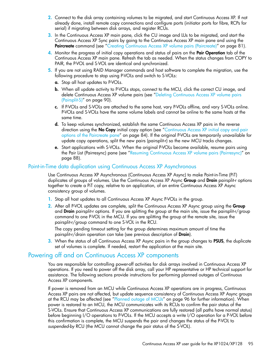 Powering off and on continuous access, Xp components | HP XP Continuous Access Software User Manual | Page 95 / 108