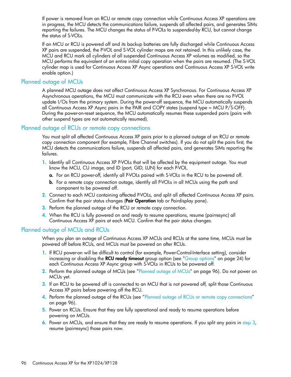 Planned outage of mcus, Planned outage of rcus or remote copy connections, Planned outage of mcus and rcus | HP XP Continuous Access Software User Manual | Page 96 / 108