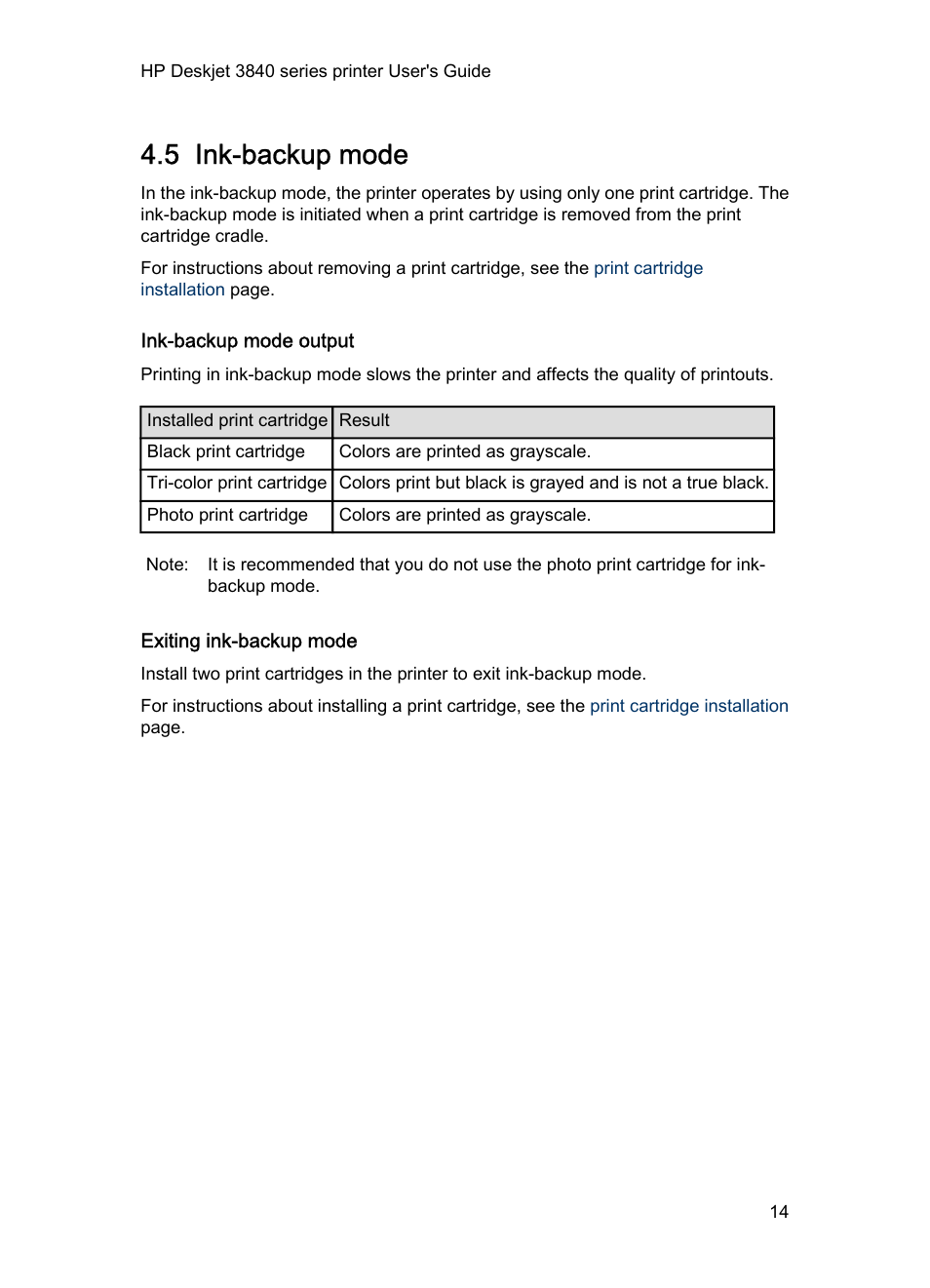 5 ink-backup mode, Ink-backup mode output, Exiting ink-backup mode | Ink-backup mode | HP Deskjet 3848 Color Inkjet Printer User Manual | Page 14 / 91