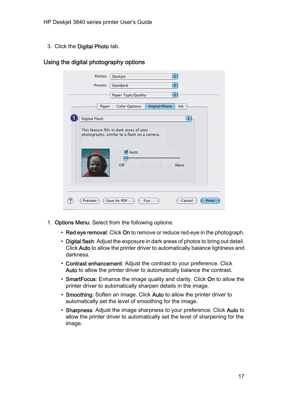 Using the digital photography options | HP Deskjet 3848 Color Inkjet Printer User Manual | Page 17 / 91