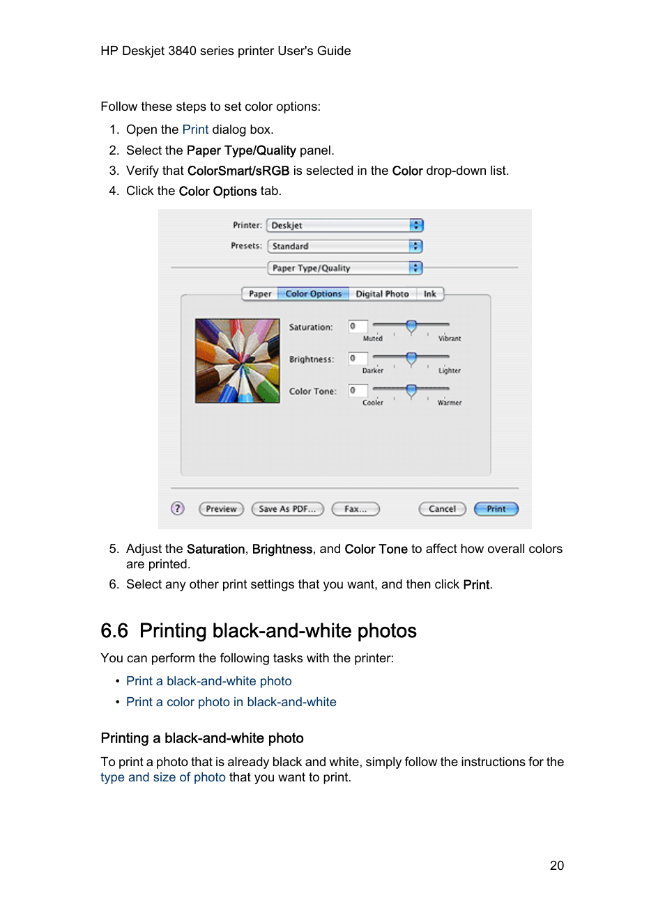 6 printing black-and-white photos, Printing a black-and-white photo, Black-and-white photos | HP Deskjet 3848 Color Inkjet Printer User Manual | Page 20 / 91