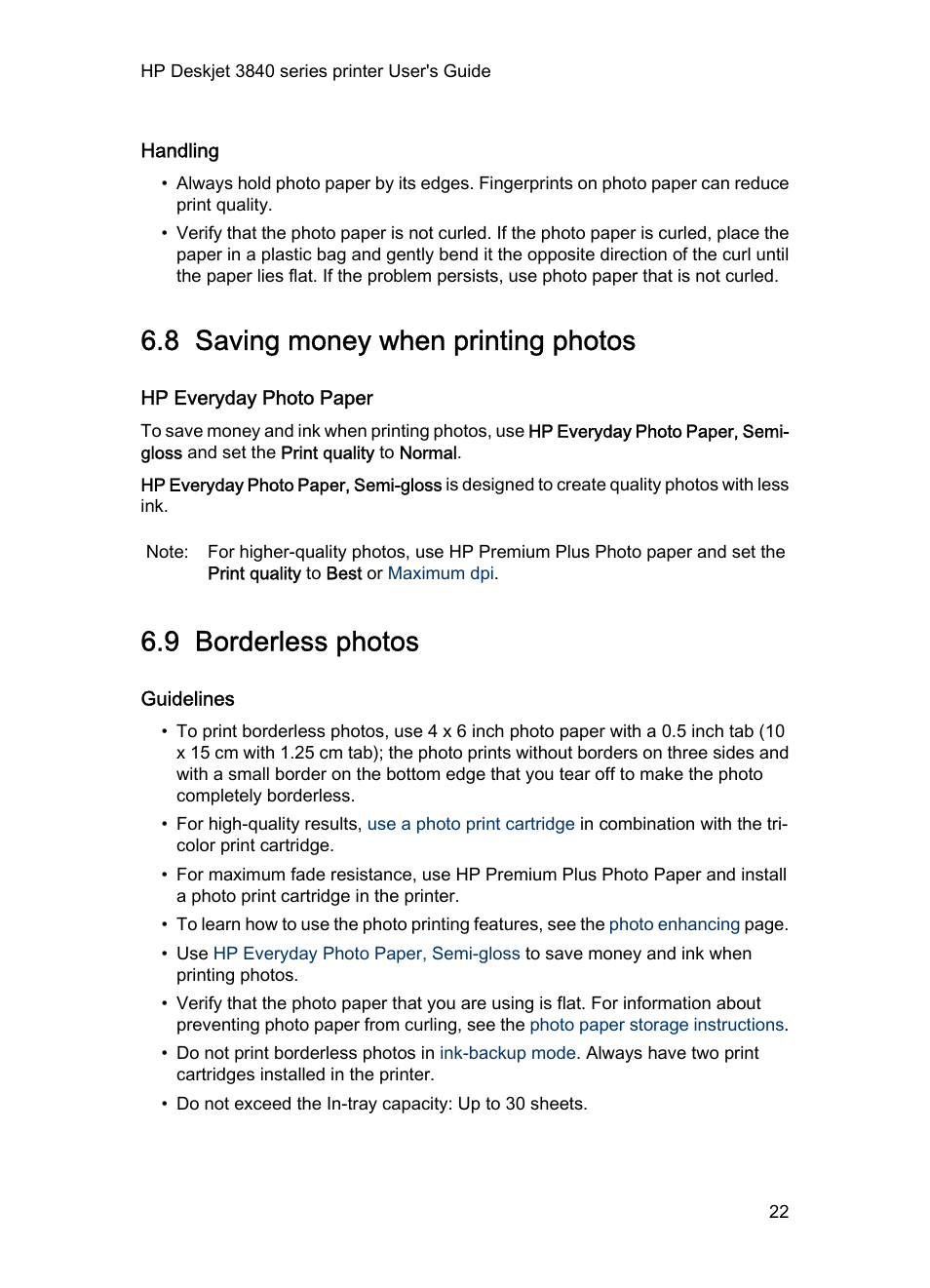 Handling, 8 saving money when printing photos, Hp everyday photo paper | 9 borderless photos, Guidelines, Borderless printing, Feature, Small borderless photo, Hp everyday photo paper, semi-gloss, To save money and ink when | HP Deskjet 3848 Color Inkjet Printer User Manual | Page 22 / 91