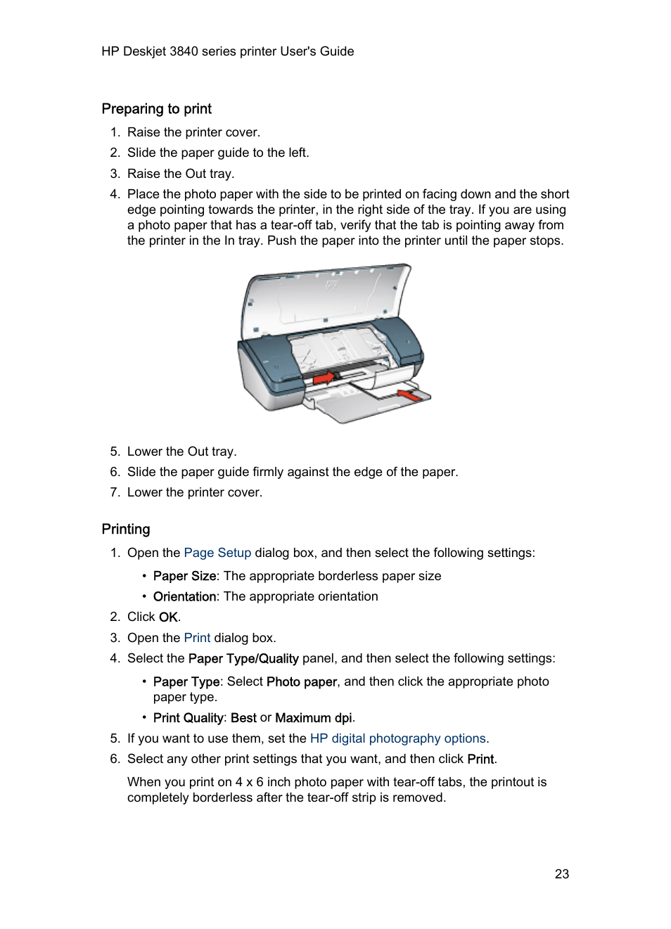 Preparing to print, Printing | HP Deskjet 3848 Color Inkjet Printer User Manual | Page 23 / 91