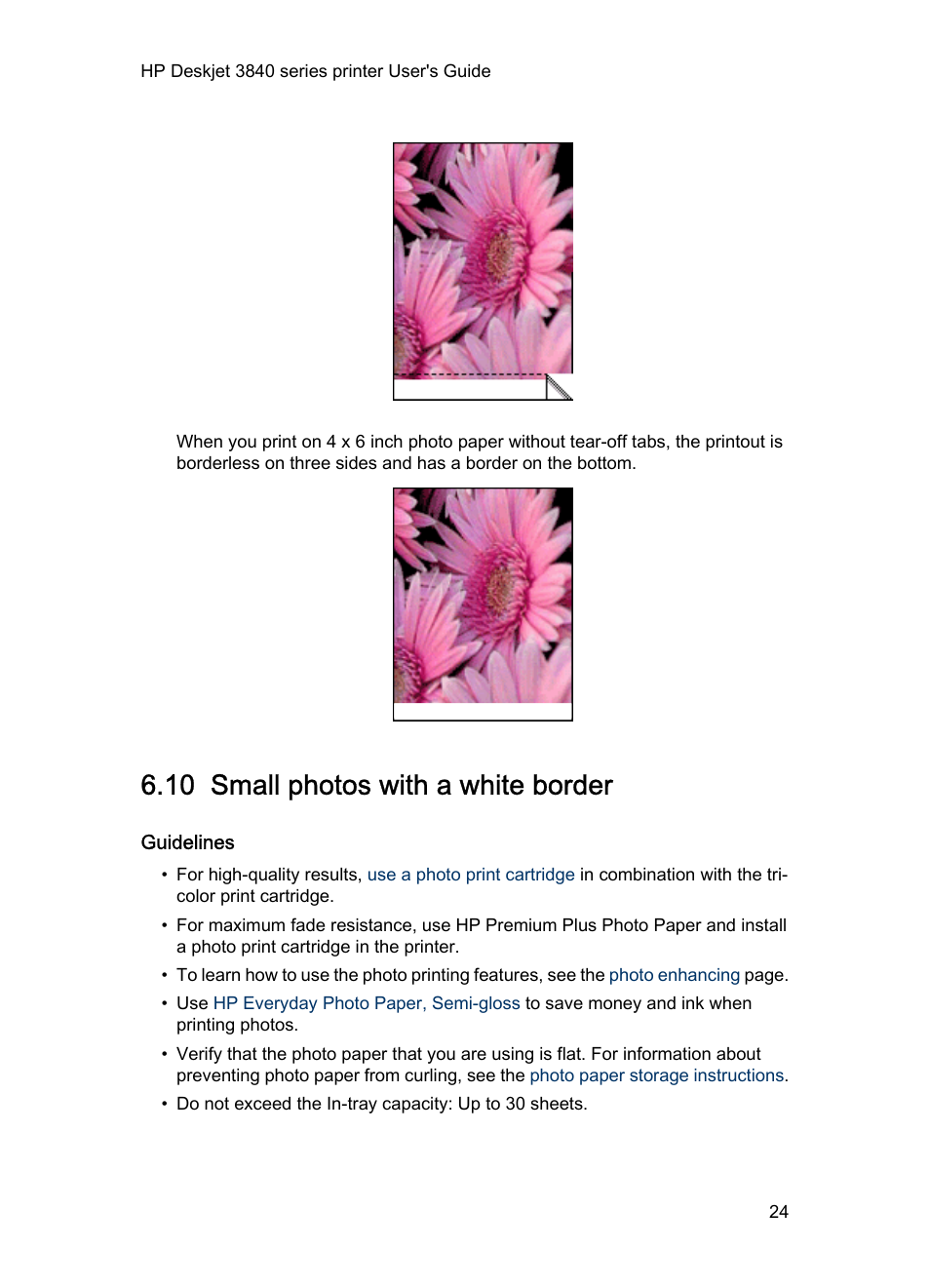 10 small photos with a white border, Guidelines, Small photo with a white | Border | HP Deskjet 3848 Color Inkjet Printer User Manual | Page 24 / 91