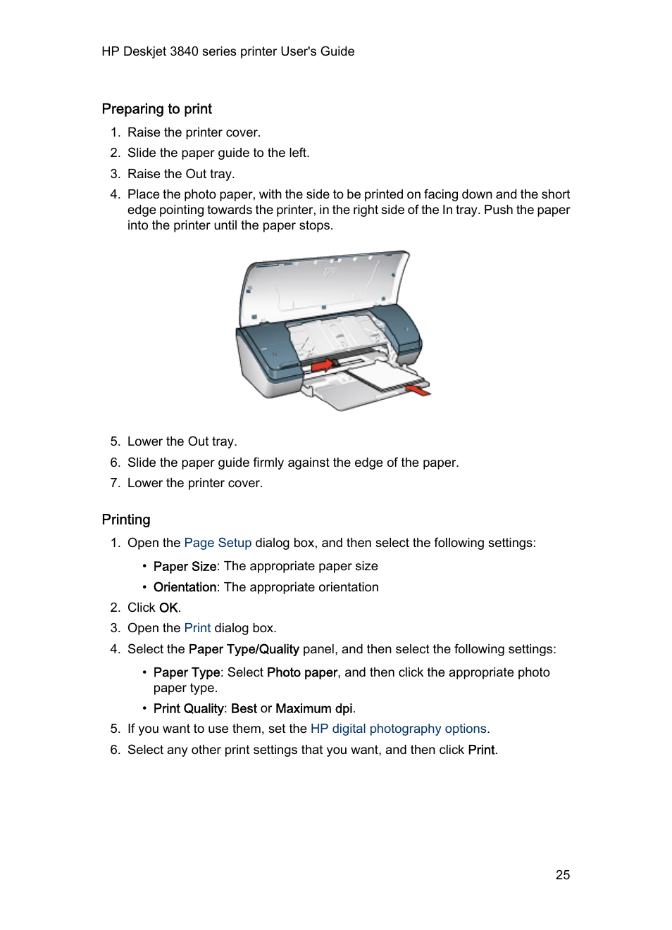 Preparing to print, Printing | HP Deskjet 3848 Color Inkjet Printer User Manual | Page 25 / 91