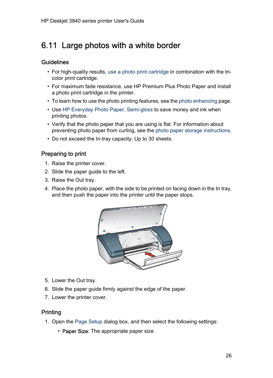 11 large photos with a white border, Guidelines, Preparing to print | Printing, Large photo with a white border | HP Deskjet 3848 Color Inkjet Printer User Manual | Page 26 / 91