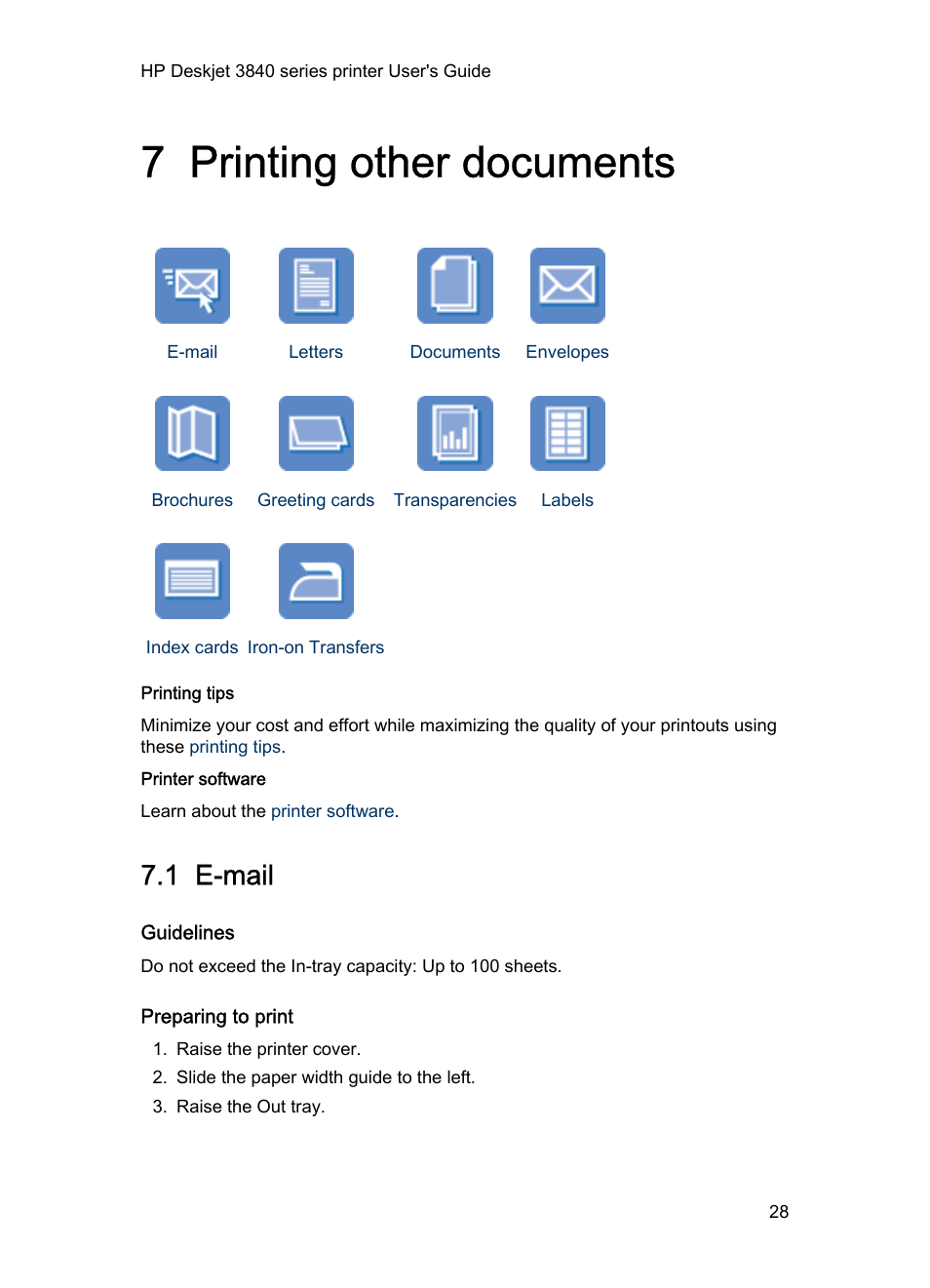 7 printing other documents, 1 e-mail, Guidelines | Preparing to print, Printing other documents | HP Deskjet 3848 Color Inkjet Printer User Manual | Page 28 / 91