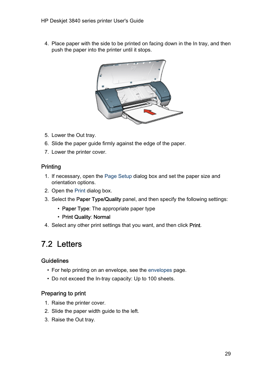 Printing, 2 letters, Guidelines | Preparing to print, Letters | HP Deskjet 3848 Color Inkjet Printer User Manual | Page 29 / 91