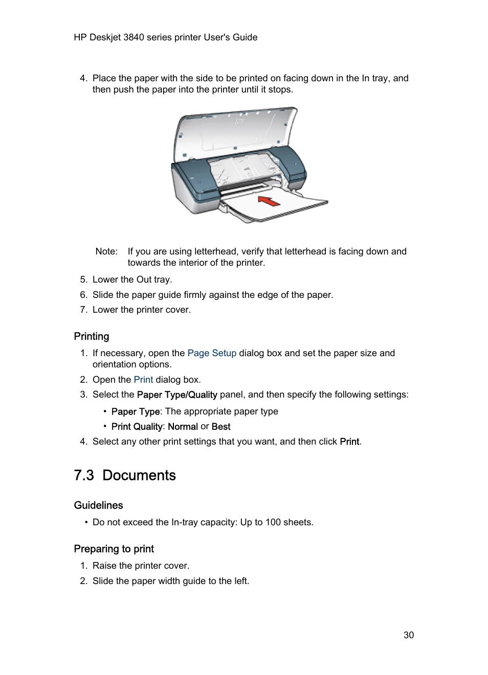 Printing, 3 documents, Guidelines | Preparing to print, Documents | HP Deskjet 3848 Color Inkjet Printer User Manual | Page 30 / 91