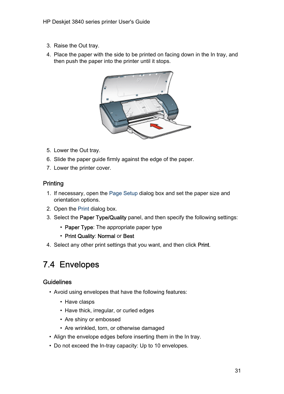 Printing, 4 envelopes, Guidelines | Envelopes | HP Deskjet 3848 Color Inkjet Printer User Manual | Page 31 / 91