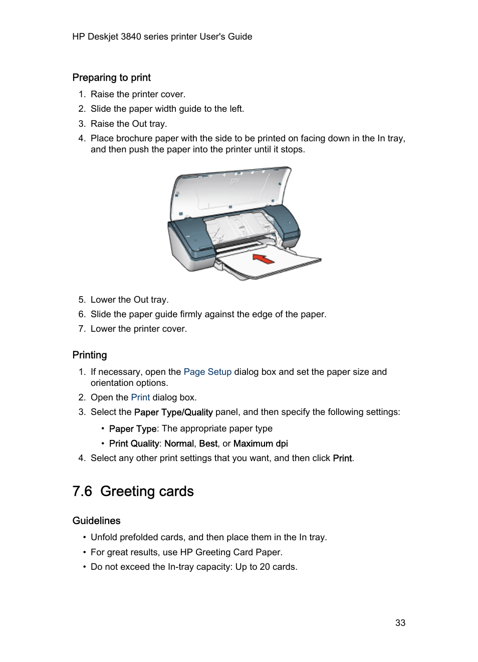 Preparing to print, Printing, 6 greeting cards | Guidelines, Greeting cards | HP Deskjet 3848 Color Inkjet Printer User Manual | Page 33 / 91