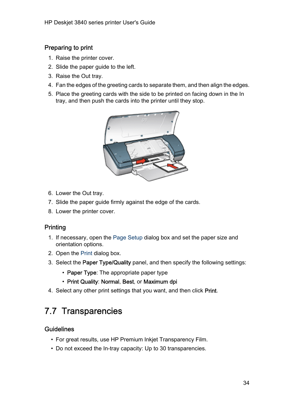 Preparing to print, Printing, 7 transparencies | Guidelines, Transparencies | HP Deskjet 3848 Color Inkjet Printer User Manual | Page 34 / 91