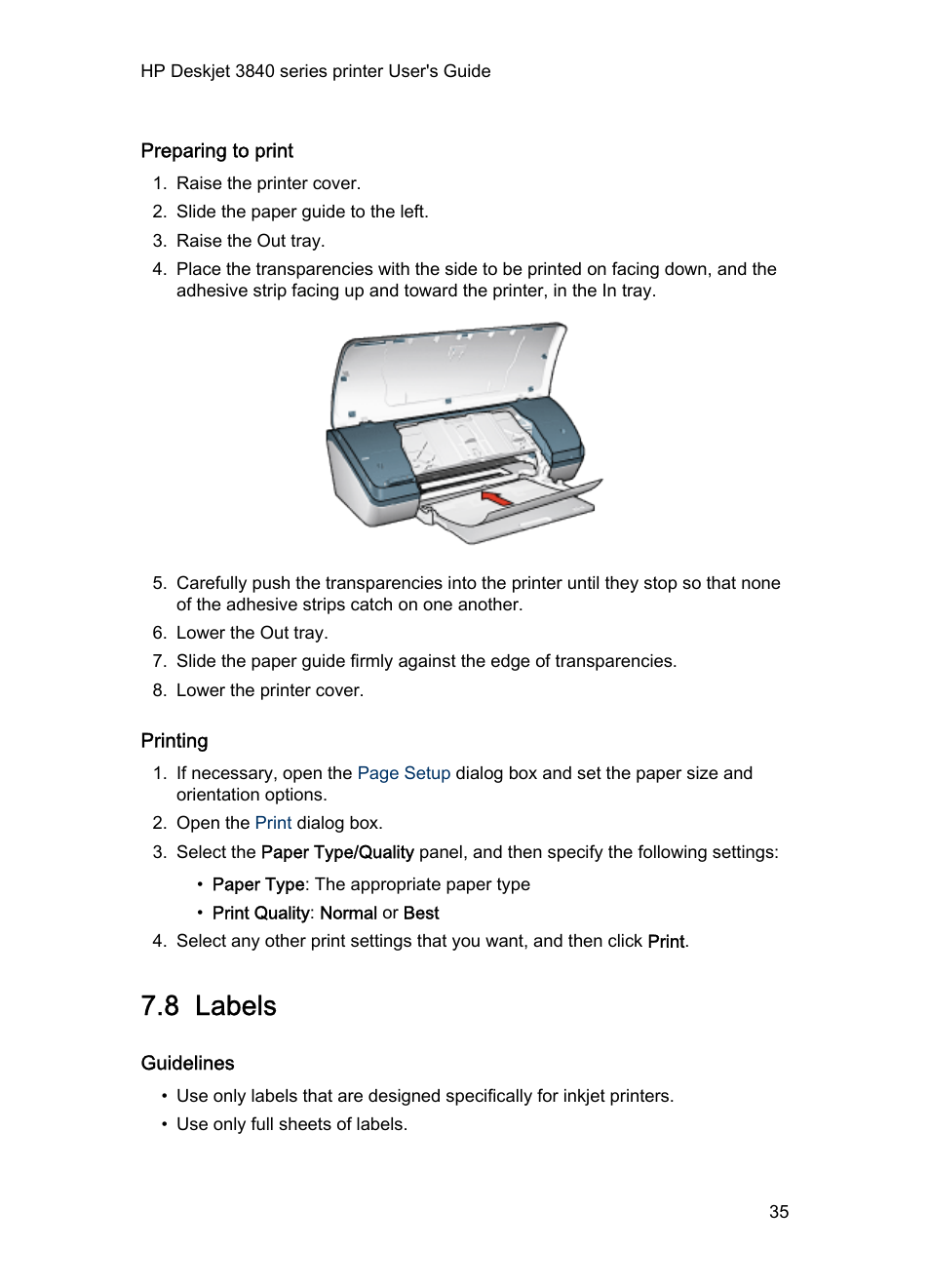 Preparing to print, Printing, 8 labels | Guidelines, Labels | HP Deskjet 3848 Color Inkjet Printer User Manual | Page 35 / 91