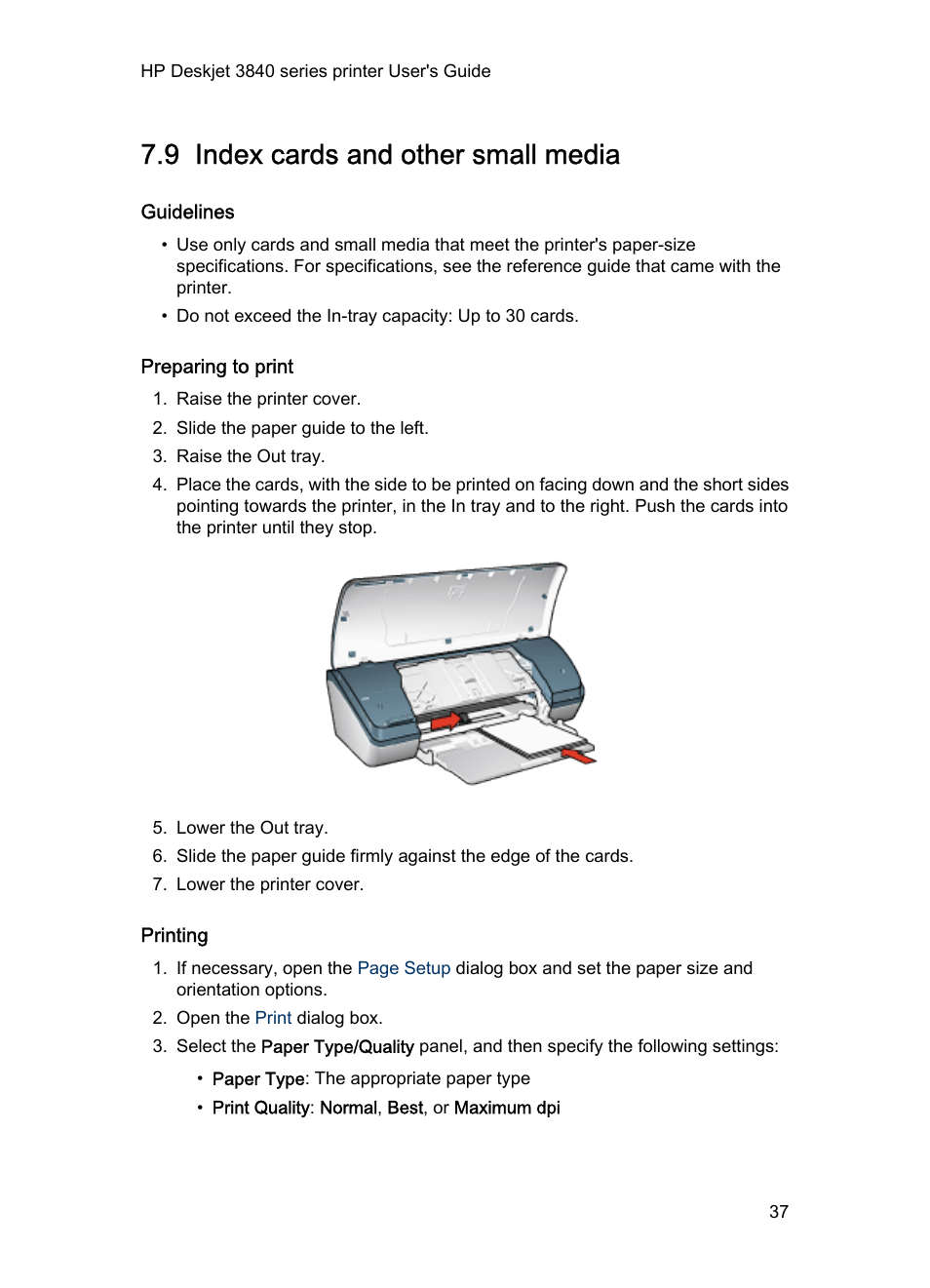 9 index cards and other small media, Guidelines, Preparing to print | Printing, Index cards | HP Deskjet 3848 Color Inkjet Printer User Manual | Page 37 / 91