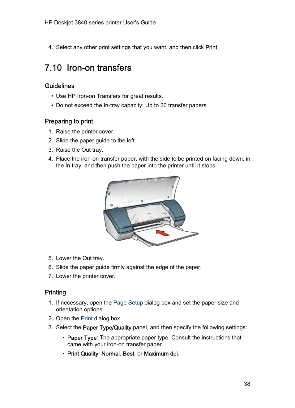 10 iron-on transfers, Guidelines, Preparing to print | Printing, Iron-on transfers | HP Deskjet 3848 Color Inkjet Printer User Manual | Page 38 / 91