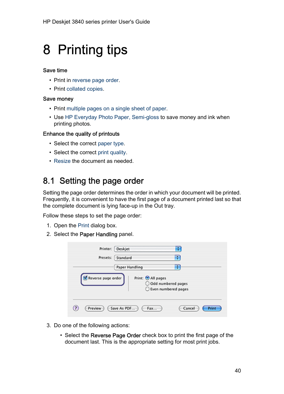 8 printing tips, Printing tips, These | 1 setting the page order | HP Deskjet 3848 Color Inkjet Printer User Manual | Page 40 / 91