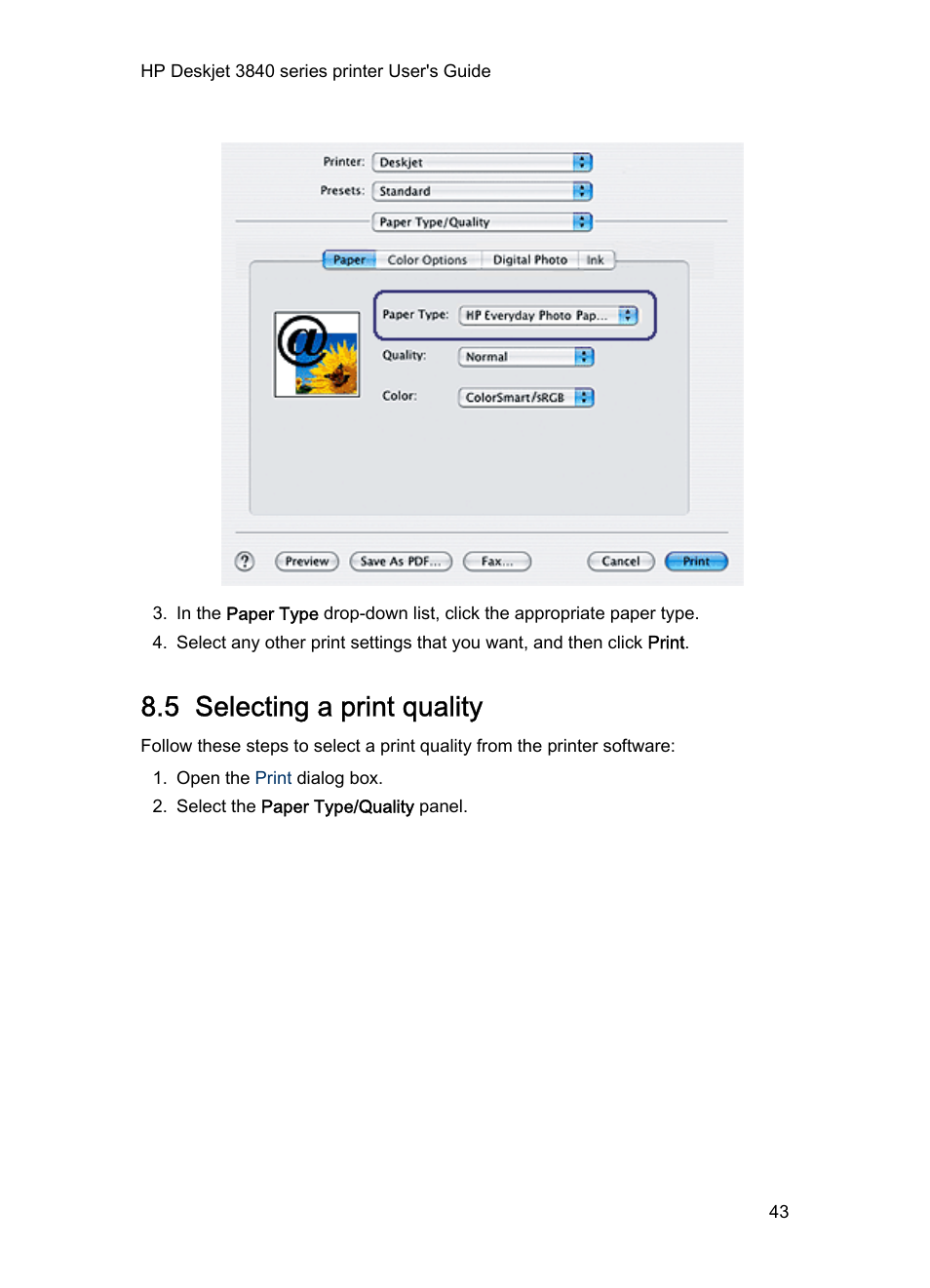 5 selecting a print quality, Select the correct, Print quality | HP Deskjet 3848 Color Inkjet Printer User Manual | Page 43 / 91