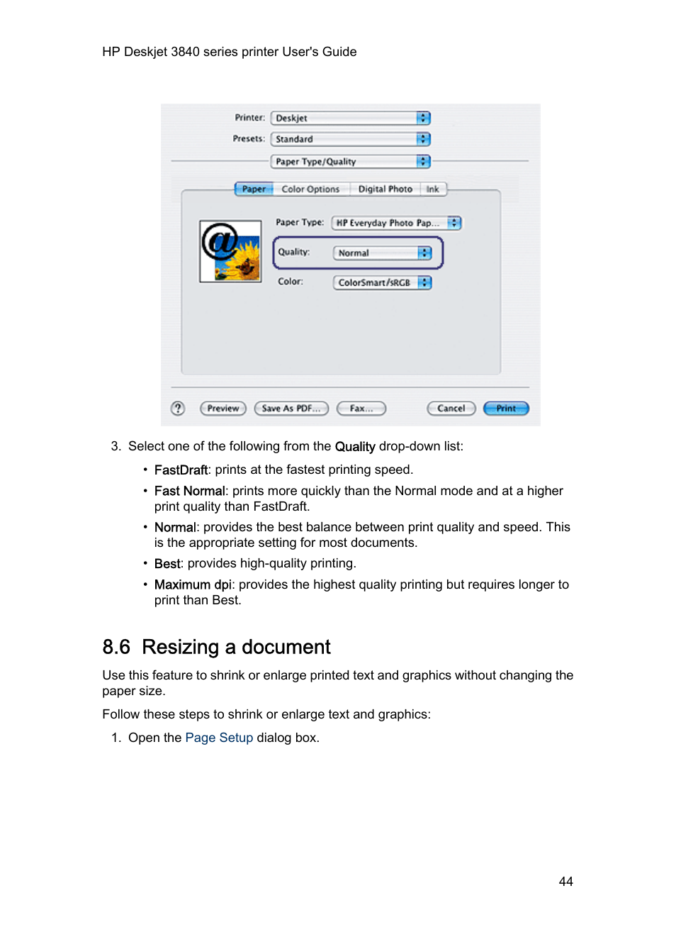 6 resizing a document, Resize | HP Deskjet 3848 Color Inkjet Printer User Manual | Page 44 / 91