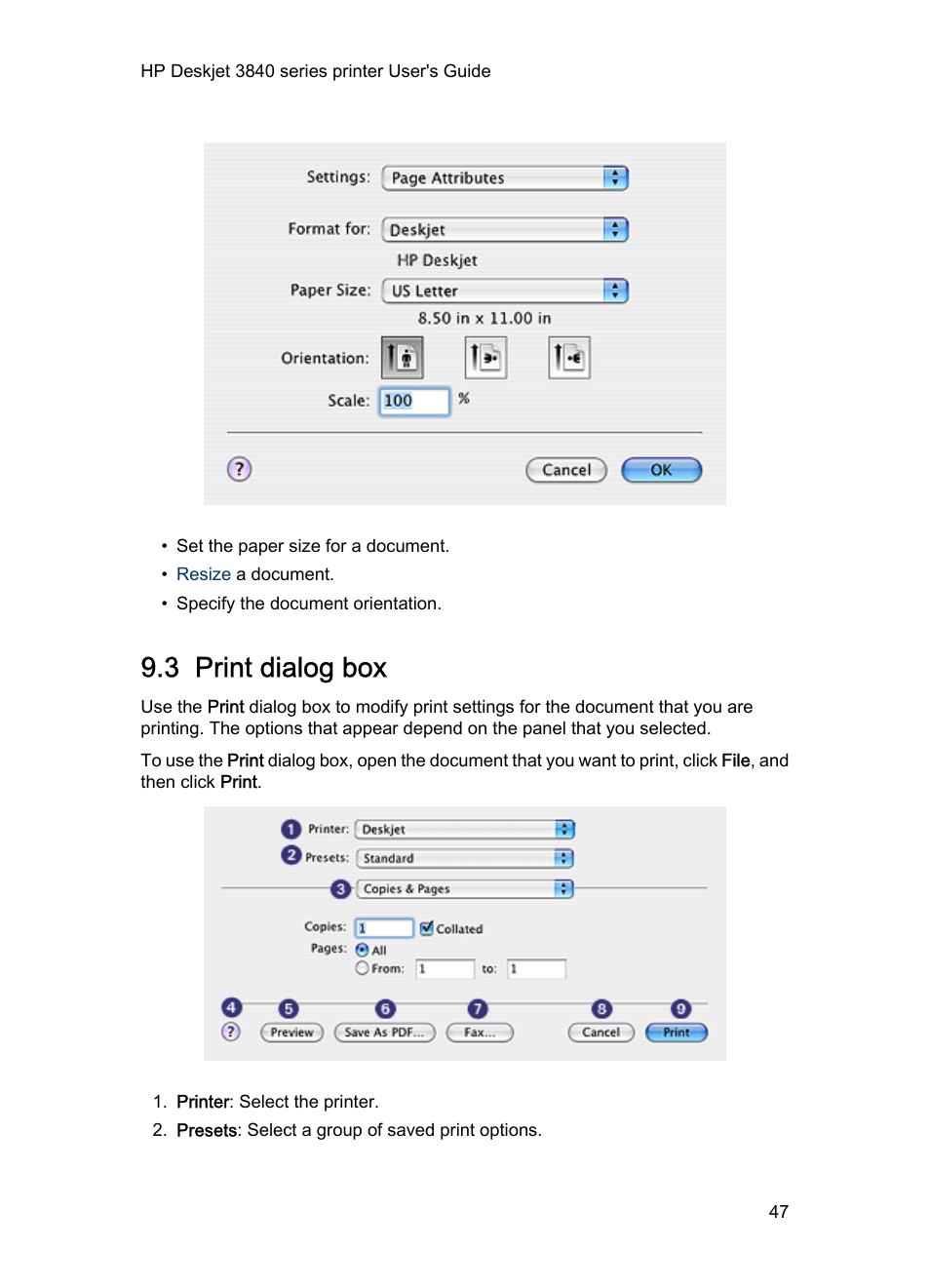 3 print dialog box, Print, Print dialog box | Dialog box | HP Deskjet 3848 Color Inkjet Printer User Manual | Page 47 / 91