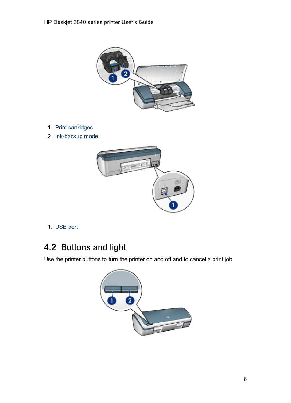 2 buttons and light, With the, Cancel button | Buttons and light | HP Deskjet 3848 Color Inkjet Printer User Manual | Page 6 / 91