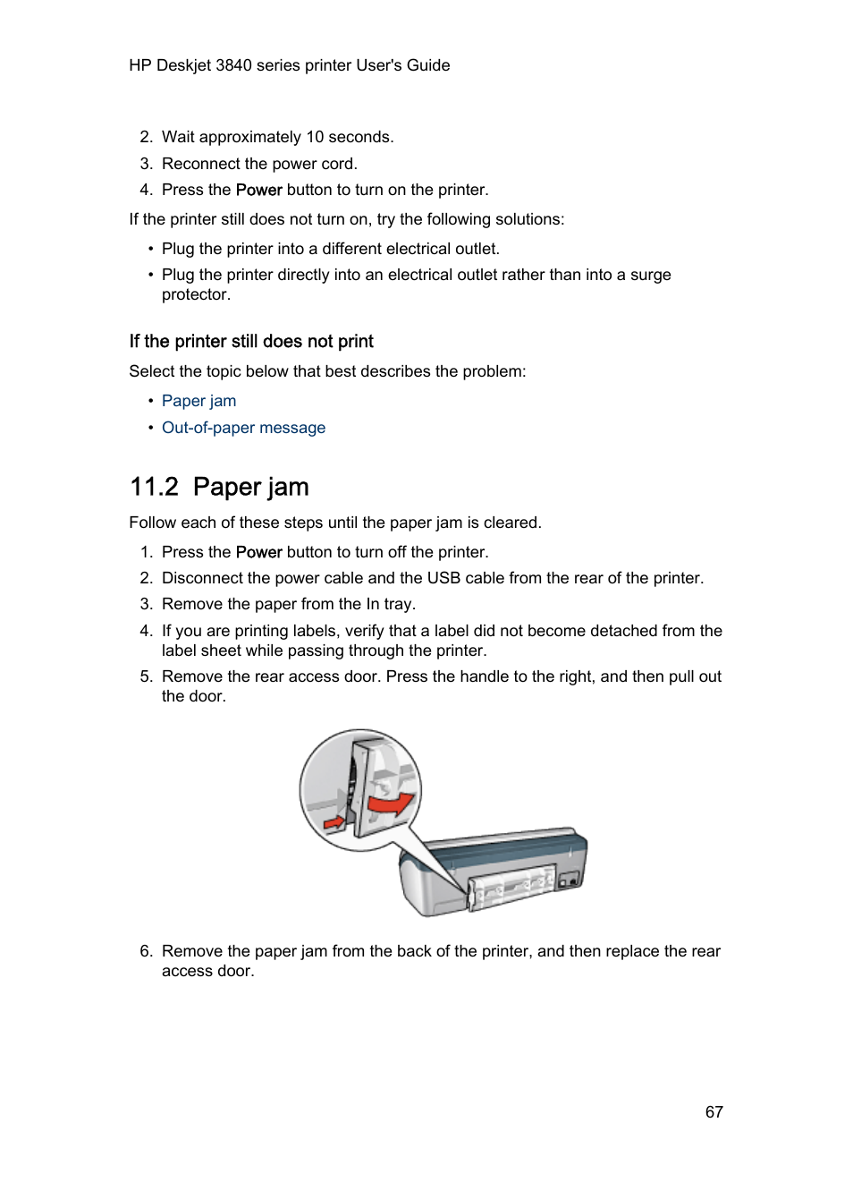 If the printer still does not print, 2 paper jam, Paper jam | HP Deskjet 3848 Color Inkjet Printer User Manual | Page 67 / 91