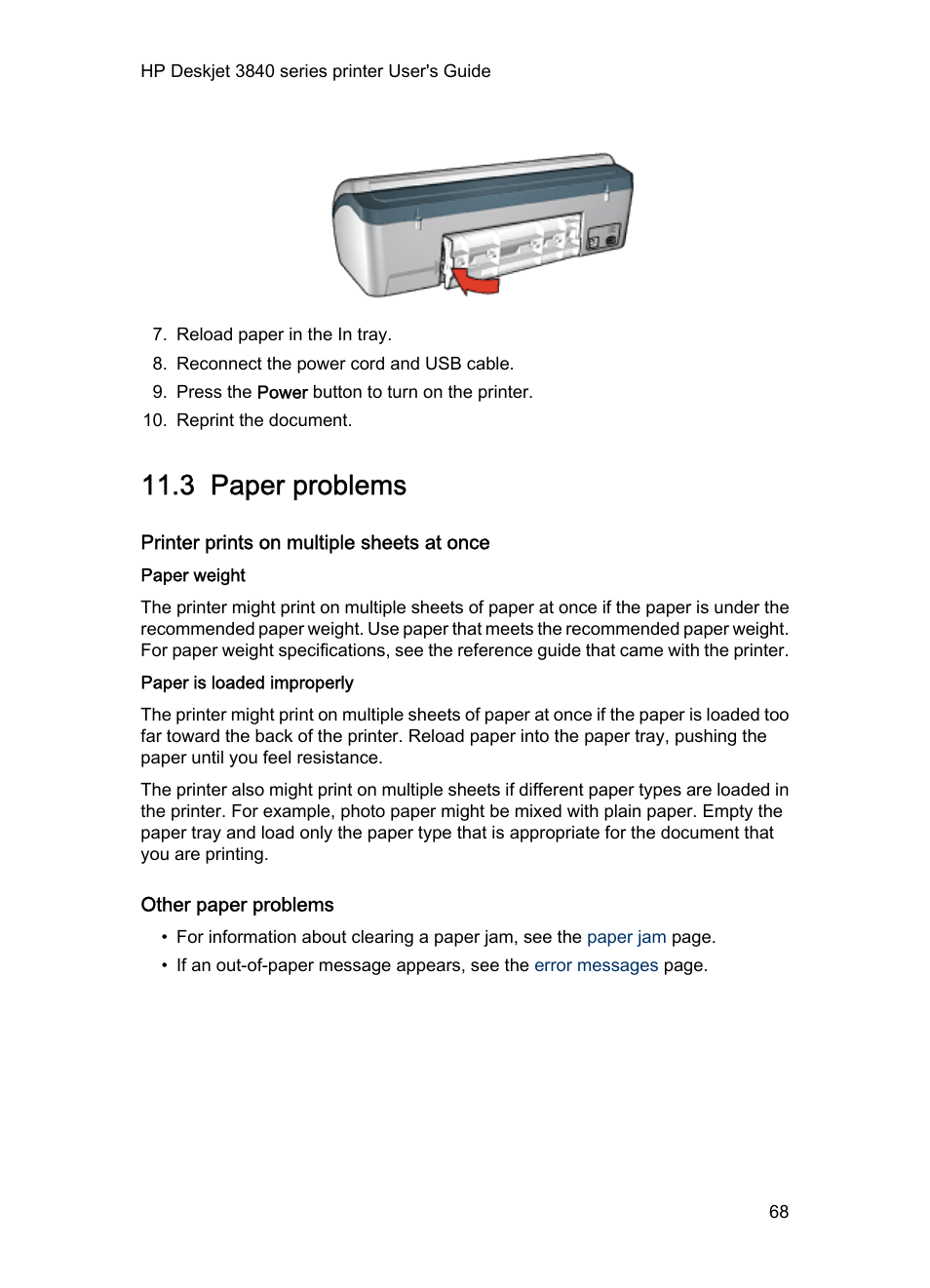 3 paper problems, Printer prints on multiple sheets at once, Paper weight | Paper is loaded improperly, Other paper problems, Paper problems | HP Deskjet 3848 Color Inkjet Printer User Manual | Page 68 / 91