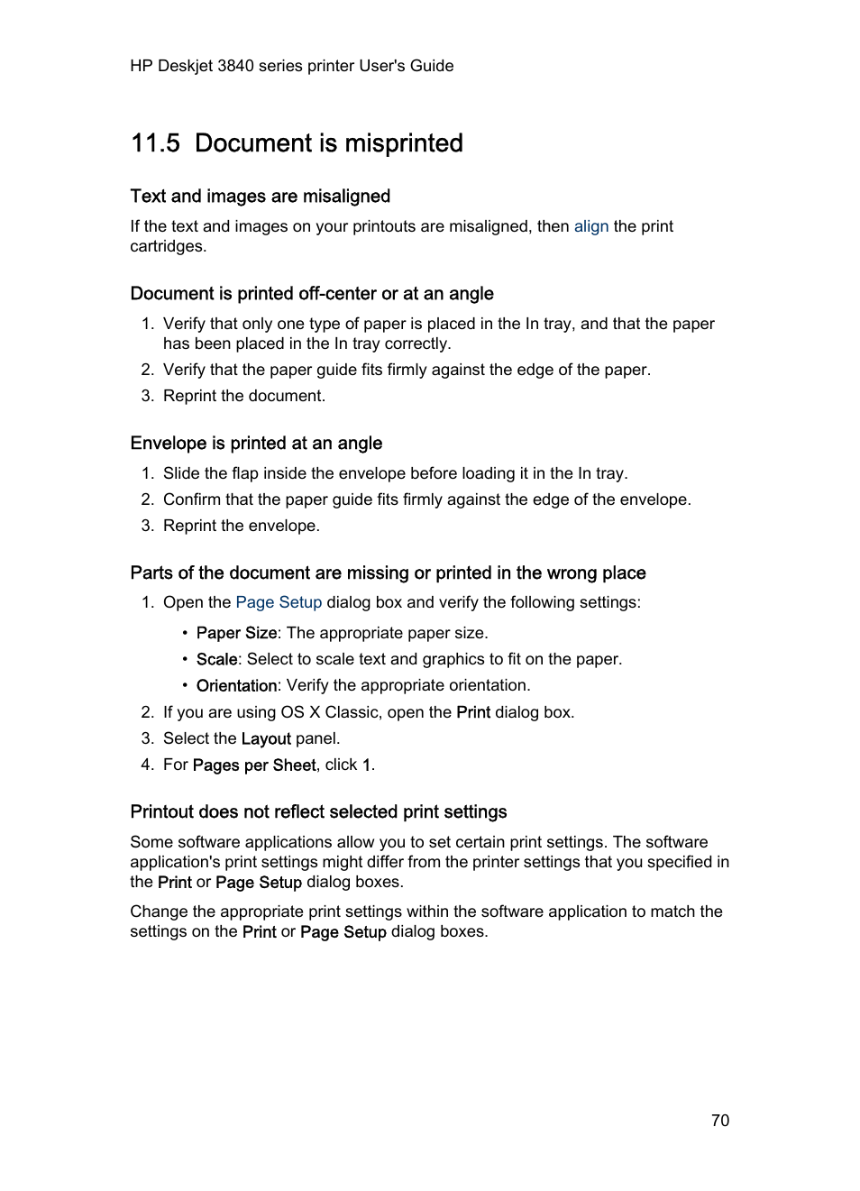 5 document is misprinted, Text and images are misaligned, Document is printed off-center or at an angle | Envelope is printed at an angle, Printout does not reflect selected print settings, Document is misprinted | HP Deskjet 3848 Color Inkjet Printer User Manual | Page 70 / 91