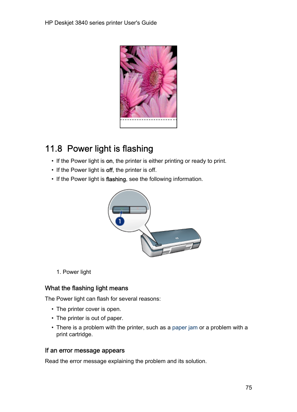 8 power light is flashing, What the flashing light means, If an error message appears | A problem might, Exist, Printer lights are on or flashing | HP Deskjet 3848 Color Inkjet Printer User Manual | Page 75 / 91