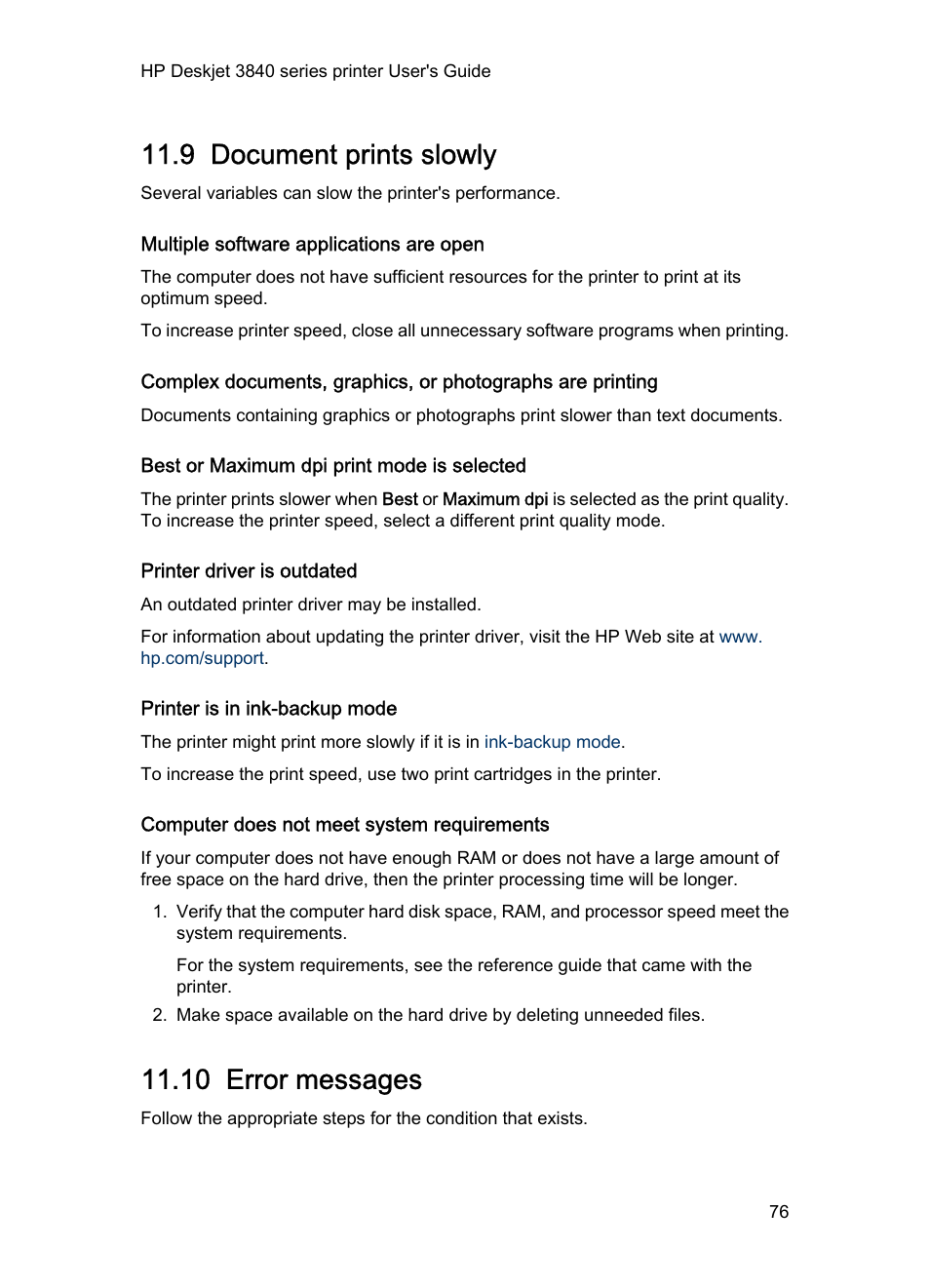 9 document prints slowly, Multiple software applications are open, Best or maximum dpi print mode is selected | Printer driver is outdated, Printer is in ink-backup mode, Computer does not meet system requirements, 10 error messages, Error messages, Document prints slowly, If an out-of-paper message appears, see the | HP Deskjet 3848 Color Inkjet Printer User Manual | Page 76 / 91