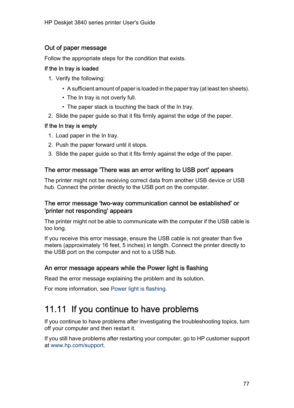 Out of paper message, If the in tray is loaded, If the in tray is empty | 11 if you continue to have problems, If you continue to have problems | HP Deskjet 3848 Color Inkjet Printer User Manual | Page 77 / 91