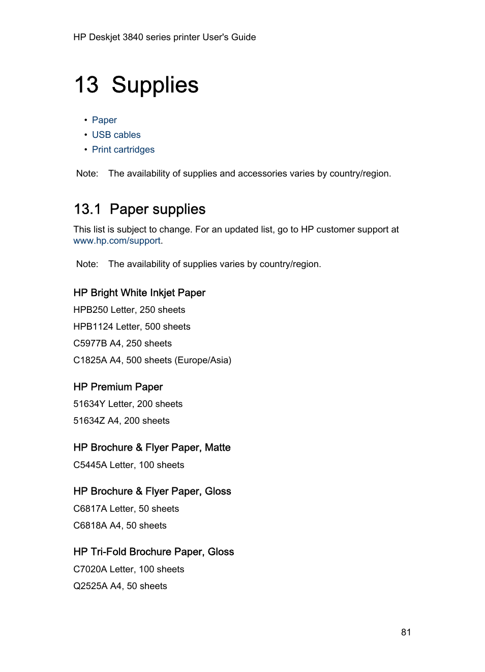 13 supplies, 1 paper supplies, Hp bright white inkjet paper | Hp premium paper, Hp brochure & flyer paper, matte, Hp brochure & flyer paper, gloss, Hp tri-fold brochure paper, gloss, Supplies | HP Deskjet 3848 Color Inkjet Printer User Manual | Page 81 / 91