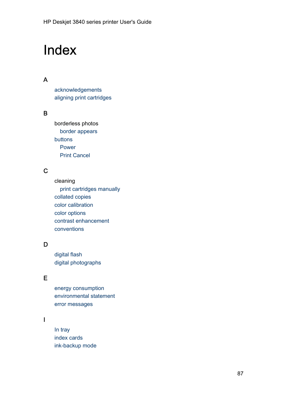 Index | HP Deskjet 3848 Color Inkjet Printer User Manual | Page 87 / 91