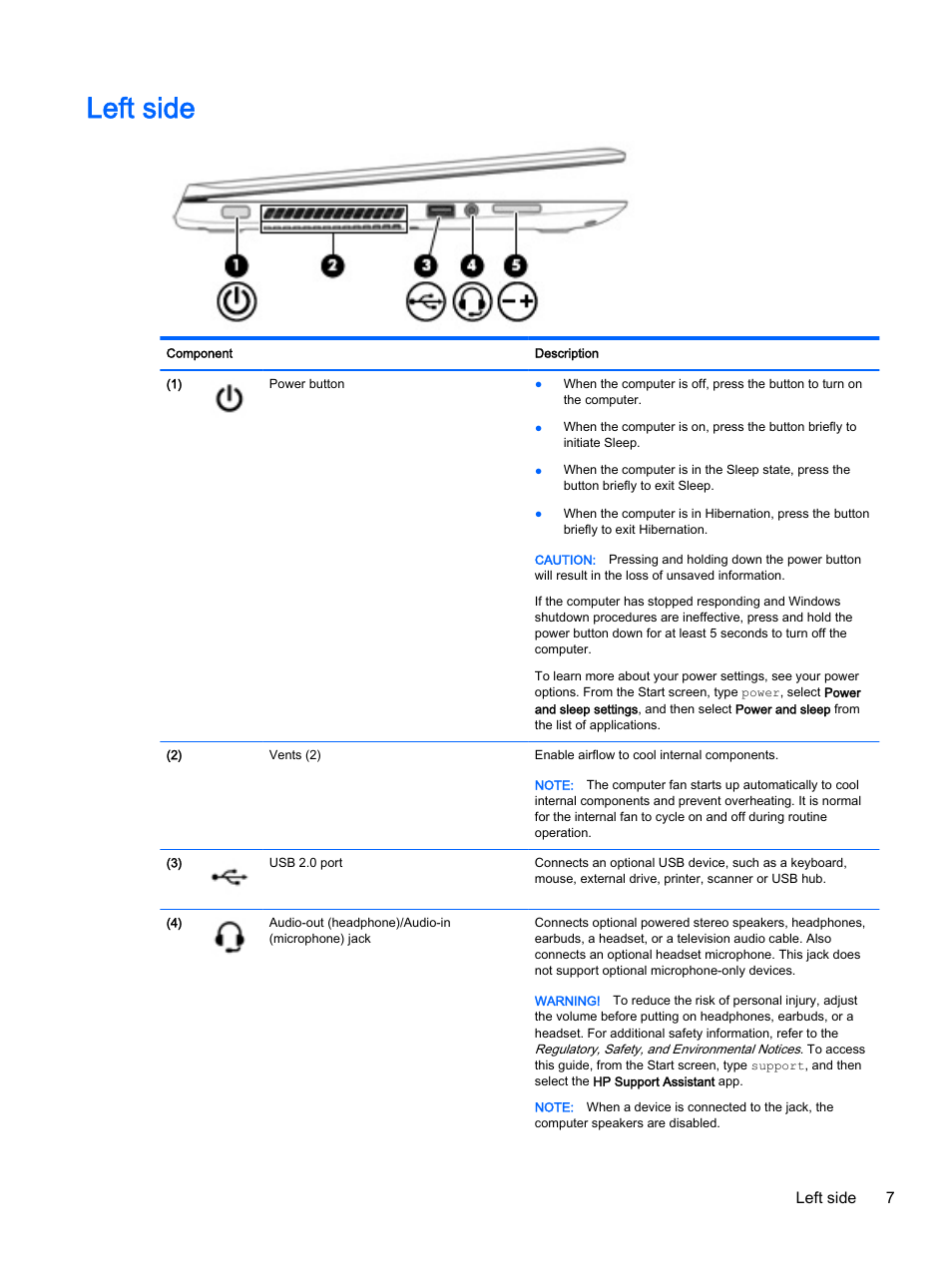 Left side, Left side 7 | HP Pavilion 13-a010dx x360 Convertible PC User Manual | Page 15 / 75