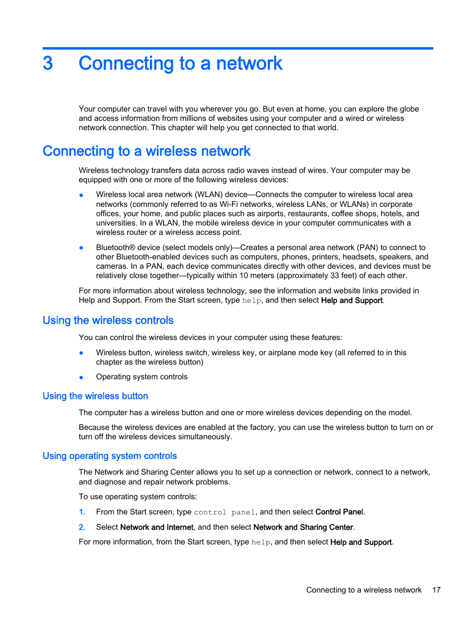 Connecting to a network, Connecting to a wireless network, Using the wireless controls | Using the wireless button, Using operating system controls, 3 connecting to a network, Connecting, 3connecting to a network | HP Pavilion 13-a010dx x360 Convertible PC User Manual | Page 25 / 75