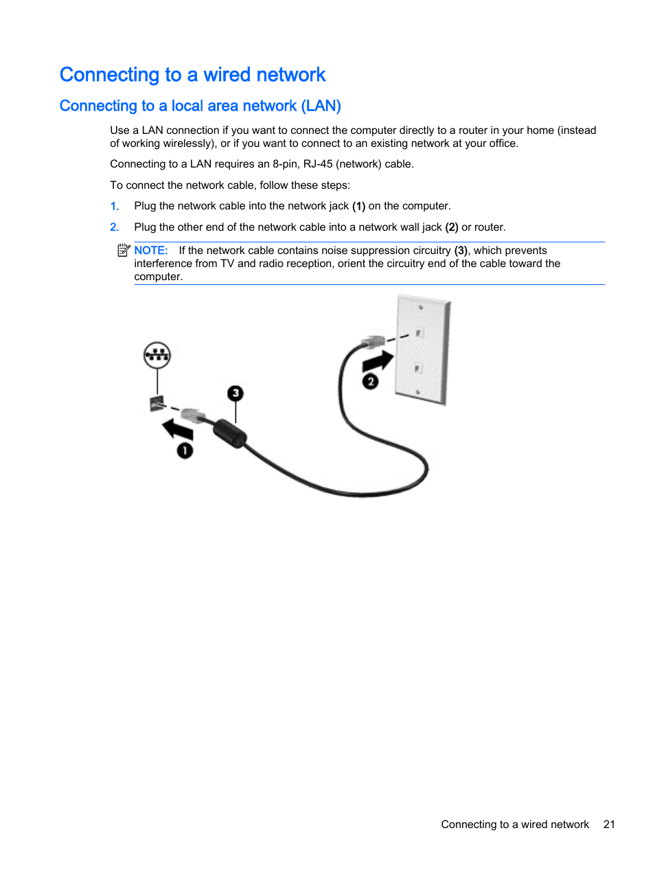 Connecting to a wired network, Connecting to a local area network (lan) | HP Pavilion 13-a010dx x360 Convertible PC User Manual | Page 29 / 75