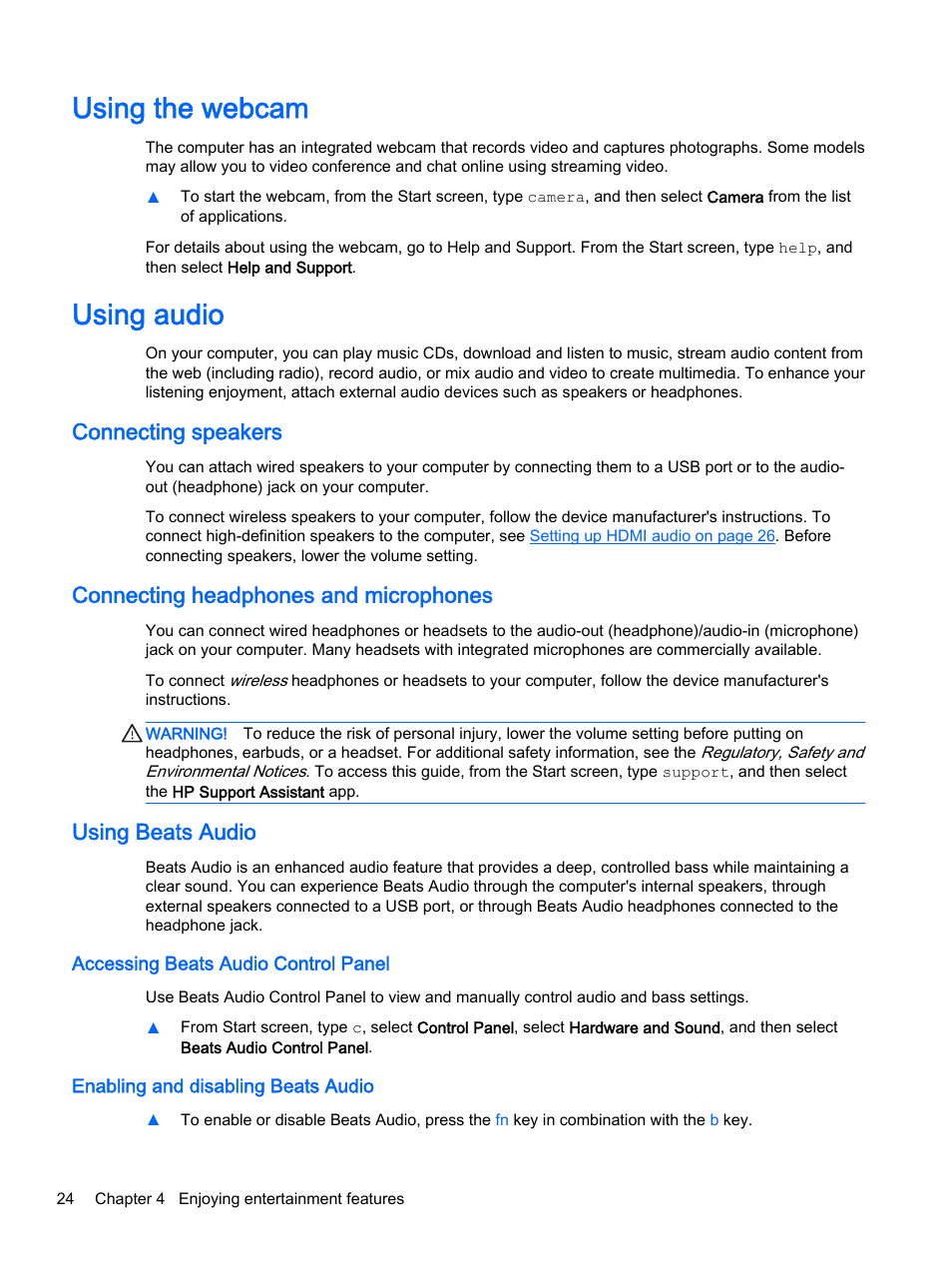Using the webcam, Using audio, Connecting speakers | Connecting headphones and microphones, Using beats audio, Accessing beats audio control panel, Enabling and disabling beats audio, Using the webcam using audio | HP Pavilion 13-a010dx x360 Convertible PC User Manual | Page 32 / 75