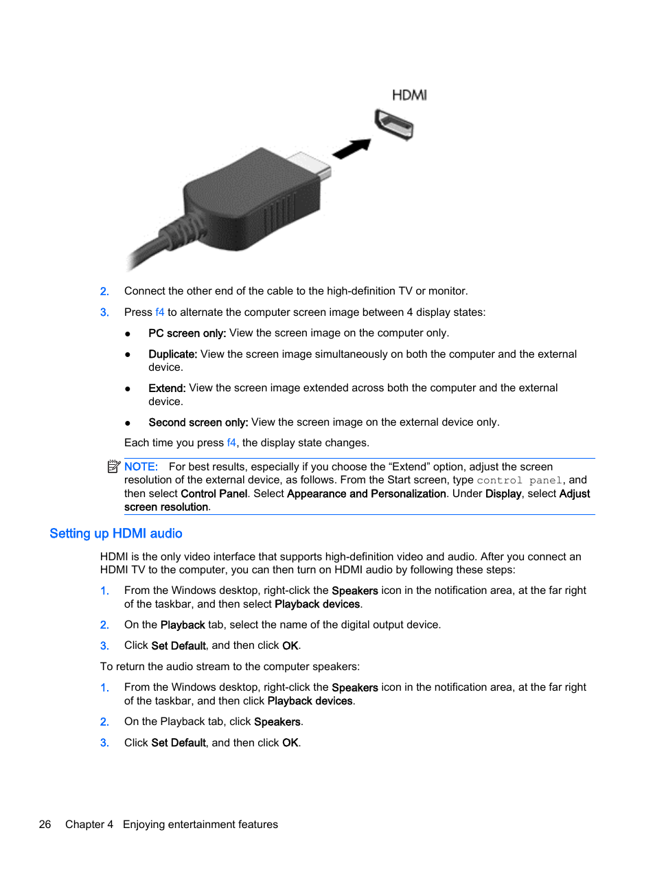 Setting up hdmi audio | HP Pavilion 13-a010dx x360 Convertible PC User Manual | Page 34 / 75