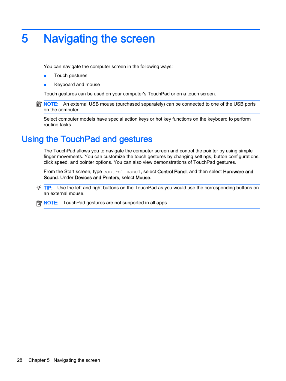 Navigating the screen, Using the touchpad and gestures, 5 navigating the screen | Es of text. see, 5navigating the screen | HP Pavilion 13-a010dx x360 Convertible PC User Manual | Page 36 / 75